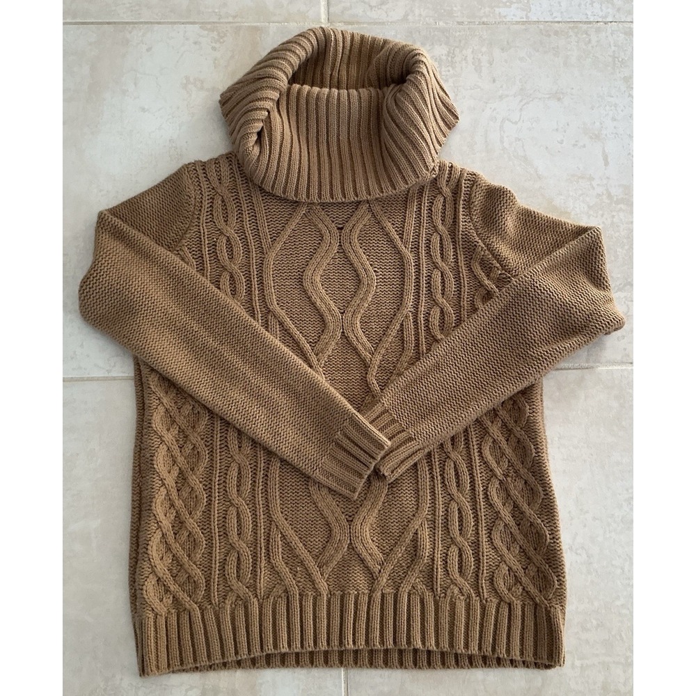 Womens L Tan Chunky Cableknit Pullover Cowl Neck Sweater Oversized Preppy Casual